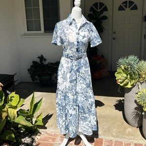 Blue and White Floral Belted Dress, Size Small, NWOT